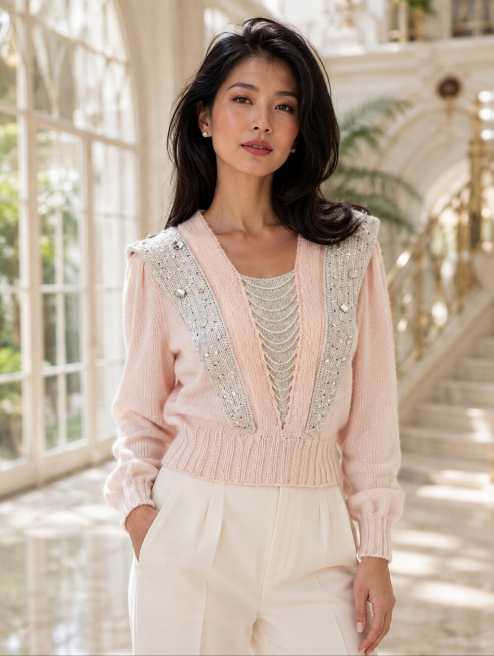 Vintage 80s Magnolia Pink Angora Blend Embellished Statement Sweater